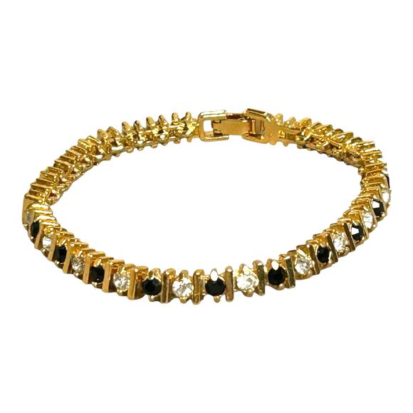 Tennis Bracelet Gold Tone Black CZs and Clear CZs 7 Inch Fit - Picture 1 of 4